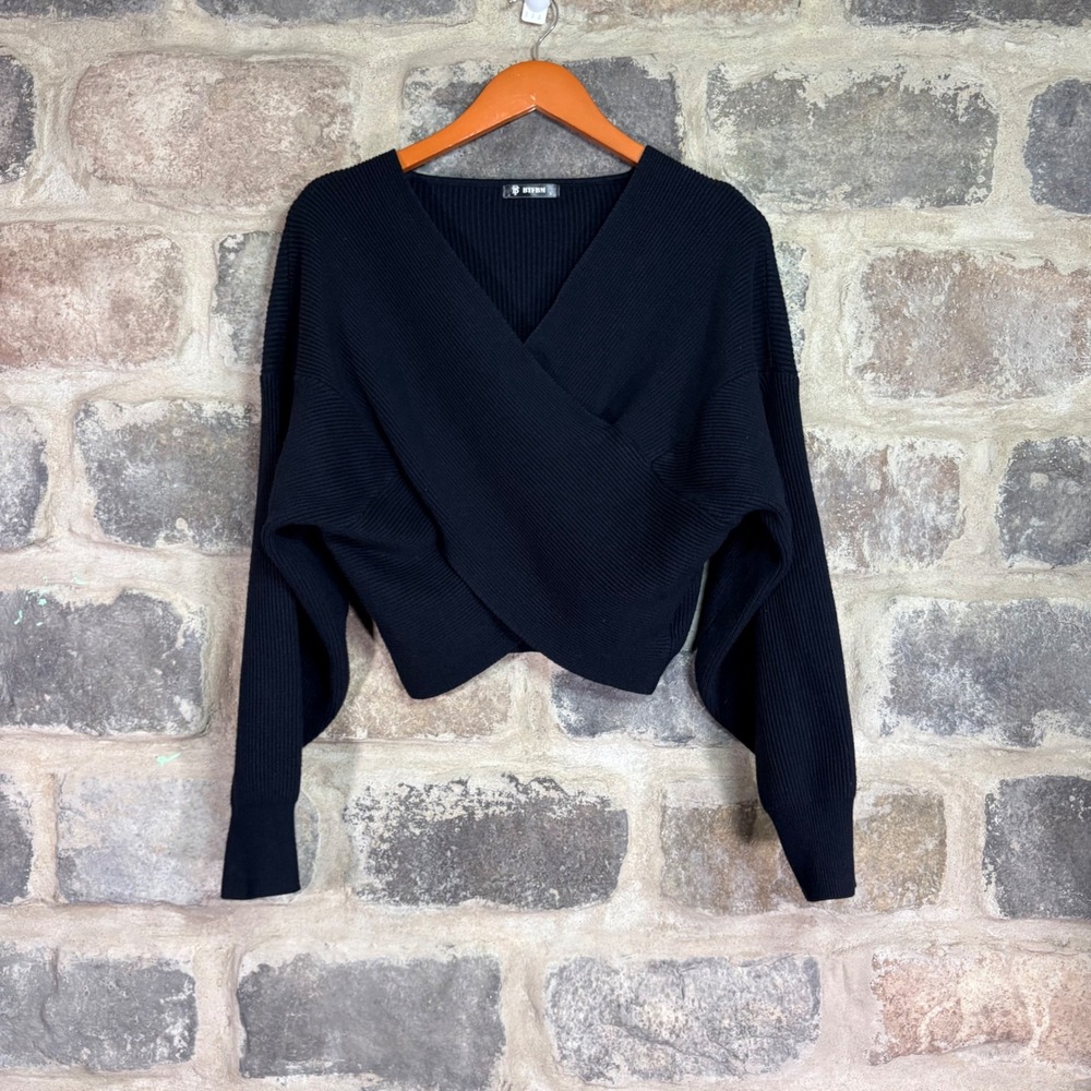 BTFBM Womens Black Ribbed Wrap Front V-Neck Cropped Sweater Large Dolman Sleeve